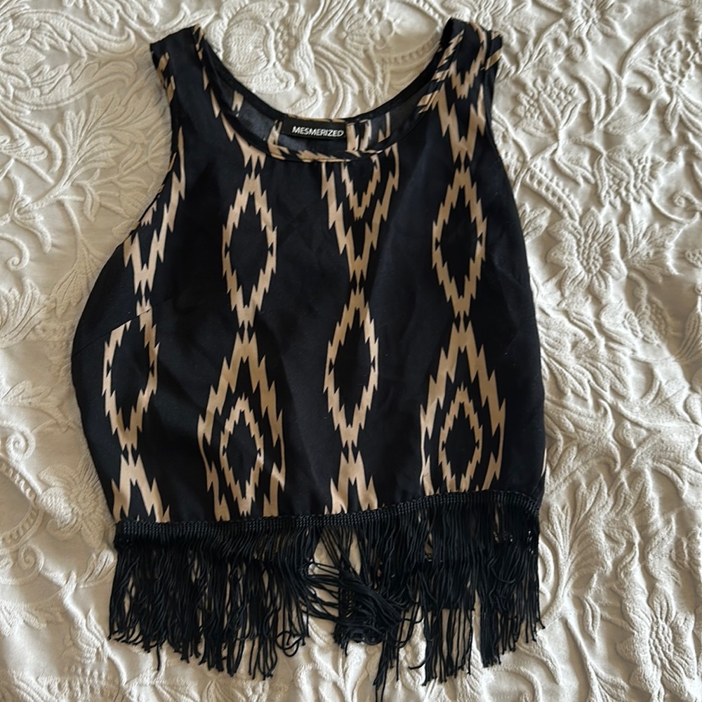 XS cute cropped top with fringe at the bottom and open back